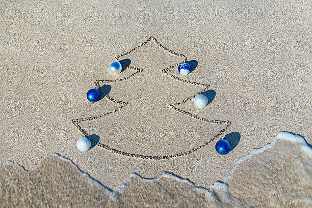 istock Christmas tree contour, wave and balls on sea beach sand 500213498