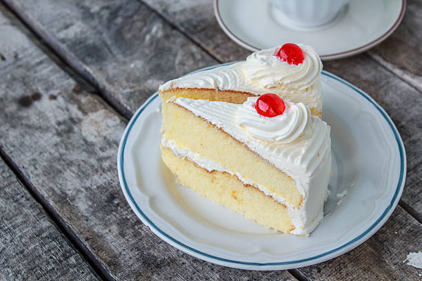 istock Slice of white cream cake on wood table 500214247