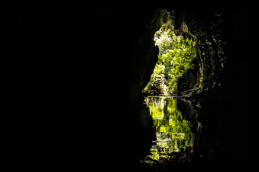 Cave entrance from inside in the tropical jungle, Zumbador Caves, Cuevas del Zumbador, Edo. Falcon, Venezuela.