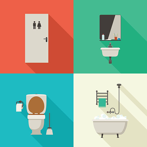 ilustraciones, imágenes clip art, dibujos animados e iconos de stock de simple ilustraciones de baño. - puertas baños
