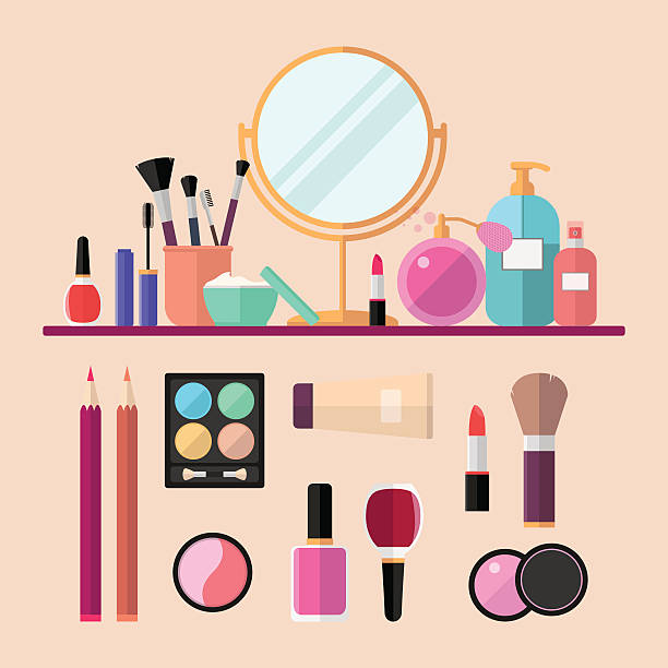 Set of vector flat cosmetics, make up icons Cosmetics: mascara, gloss, lipstick, blush, perfume and make-up brushes. Vector flat illustrations beauty product illustrations stock illustrations