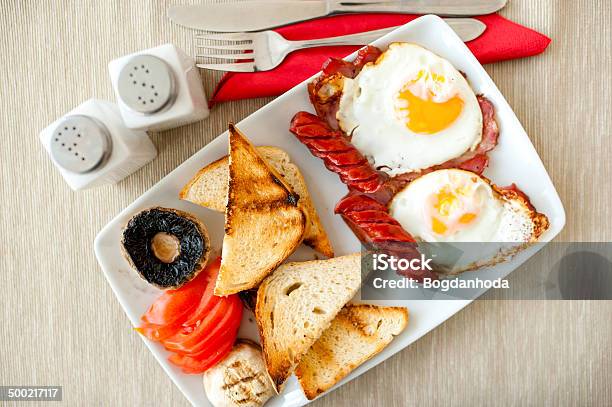 Healthy Breakfast With Eggs Bacon Sausages Toast Bread Stock Photo - Download Image Now