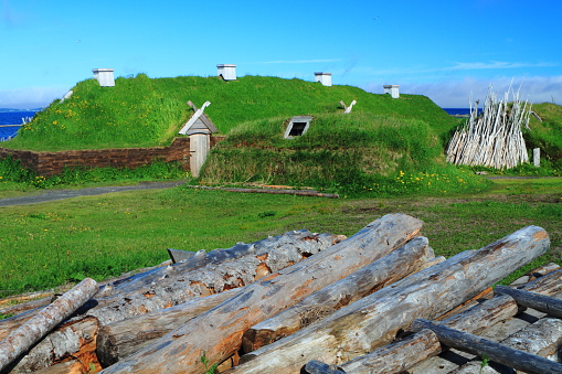 Ancient homes of Viking settlers in L'Anse aux Meadows national historic site on the island of Newfoundland, Canada