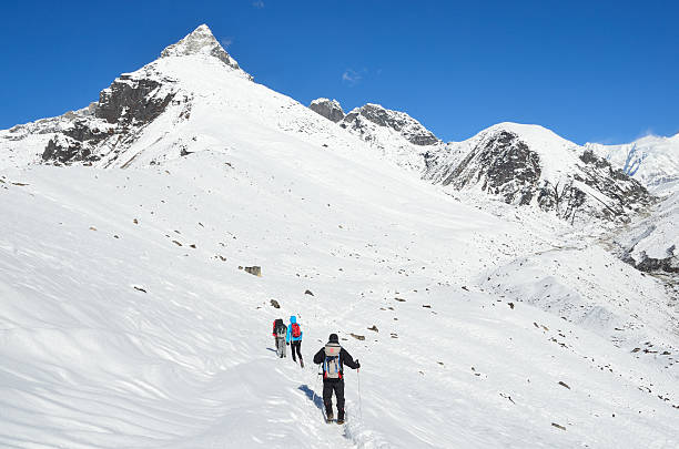 nepal escena: senderismo en el himalayas, los turistas en la ruta - tony snow fotos fotografías e imágenes de stock