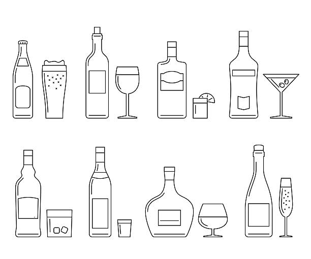 주류 및 음료 여윔 아이콘 - wine bottle wineglass wine bottle stock illustrations