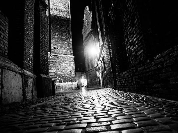 istock Illuminated cobbled street in old city by night 500231028