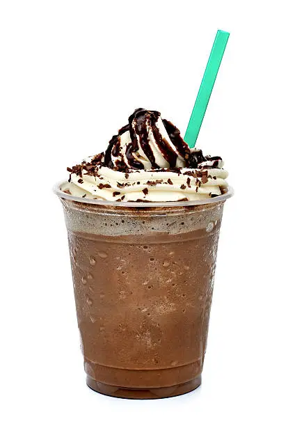Frappuccino in takeout cup on white background