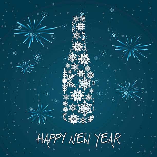 大晦日のシャンパンボトルを背景に、ティール - reflection new years day new years eve new year点のイラスト素材／クリップアート素材／マンガ素材／アイコン素材