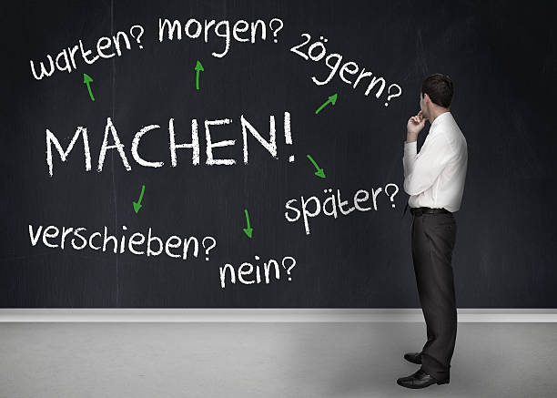 Thoughtful businessman looking at german words