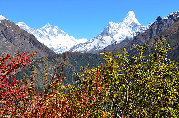 nepal, himalayas, vista de los picos de lhotse y ama dablam - amadablam fotografías e imágenes de stock