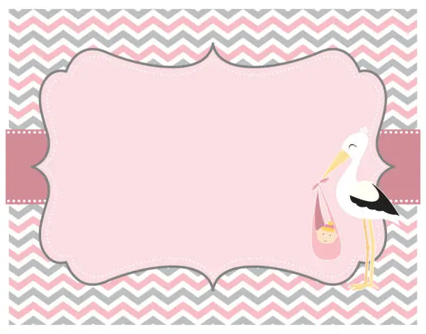 Vector illustration of PInk and Grey Chevron Stork Baby Girl Card