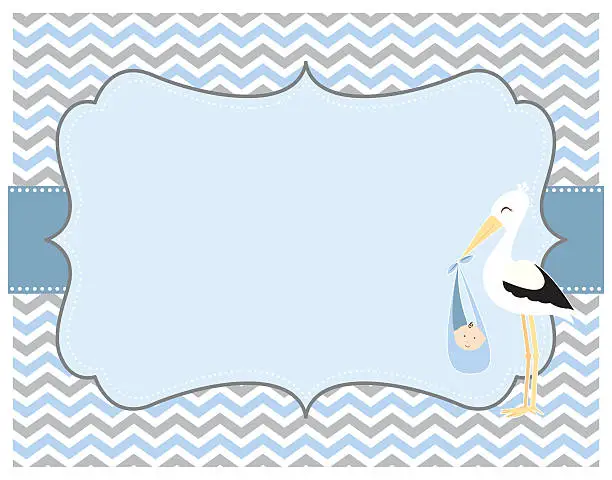 Vector illustration of Blue and Grey Chevron Baby Boy Card with Stork