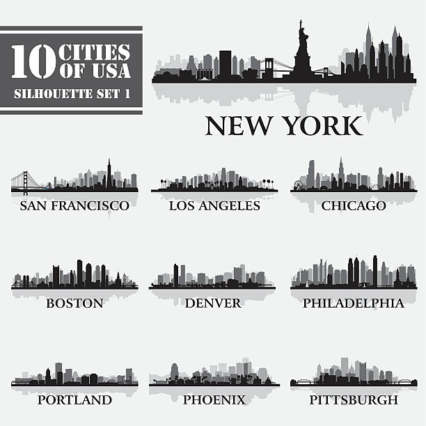 ilustrações, clipart, desenhos animados e ícones de conjunto de silhueta de cidade dos eua 1 - denver skyline