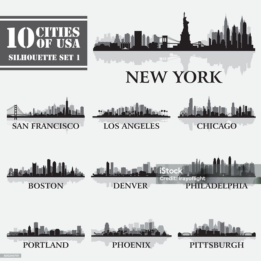 Silhouette city set of USA 1 Silhouette city set of USA 1 on grey. Vector illustration. Full editable EPS 10. File contains gradients and transparency.  Urban Skyline stock vector