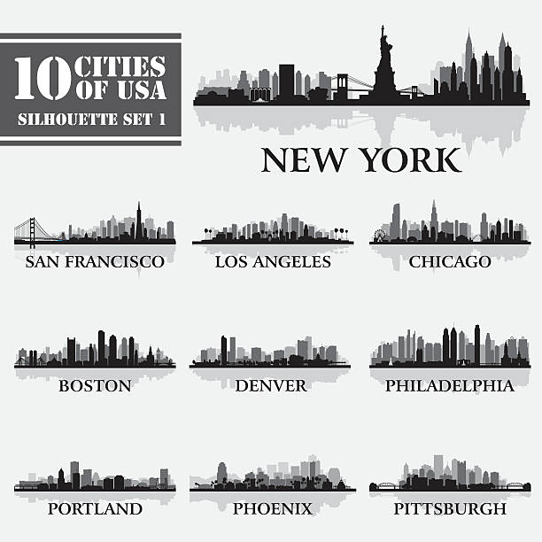 Silhouette city set of USA 1 Silhouette city set of USA 1 on grey. Vector illustration. Full editable EPS 10. File contains gradients and transparency.  downtown district illustrations stock illustrations