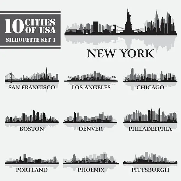 Vector illustration of Silhouette city set of USA 1
