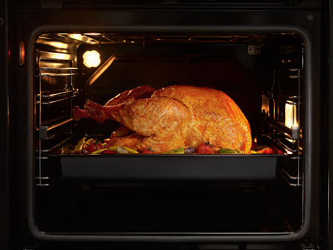 turkey-chicken cooking inside an oven