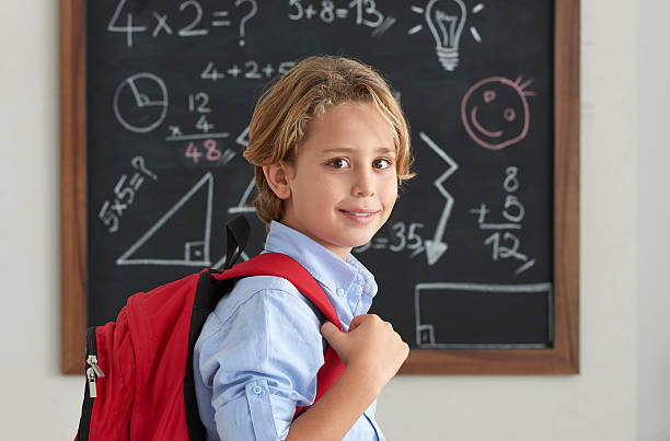 istock Student with schoolbag in front of black board 500254790