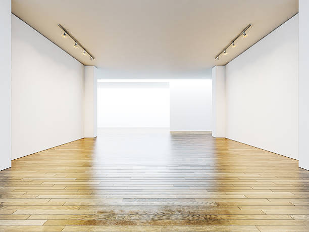 istock Empty gallery room with blank walls and wooden floor. 3d 500255022