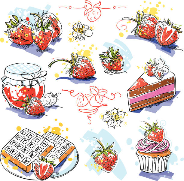 bildbanksillustrationer, clip art samt tecknat material och ikoner med strawberry sweet desserts ink watercolor drawing set - strawberry cake