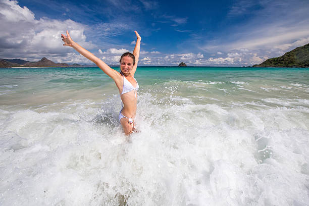 istock Caucasian woman rests at beautiful seashore 500255452