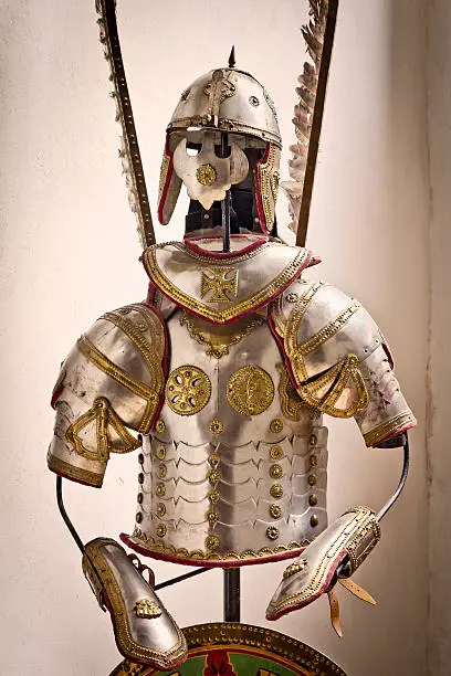 Replica of 17th century style Hussar's armor in  the Church of St. Elizabeth in Wroclaw, Poland.