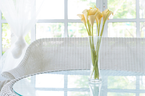 Yellow flower in vase on table and window sill background. Vintage style decorate