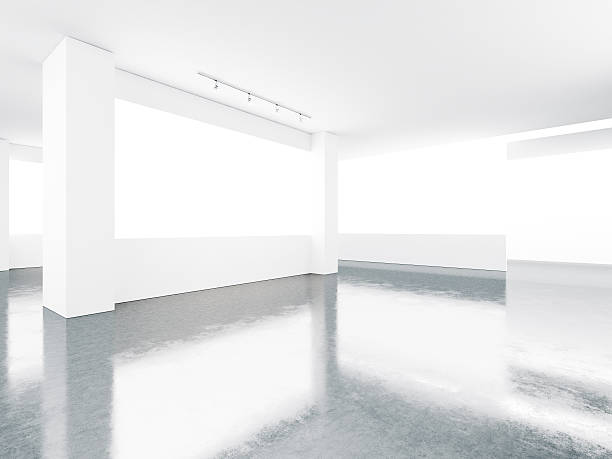 istock Hall of museum interior with concrete floor and screens. 3d 500256158