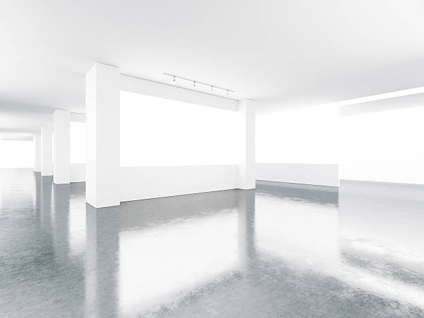 istock Blank screens in museum interior with concrete floor. 3d render 500256242