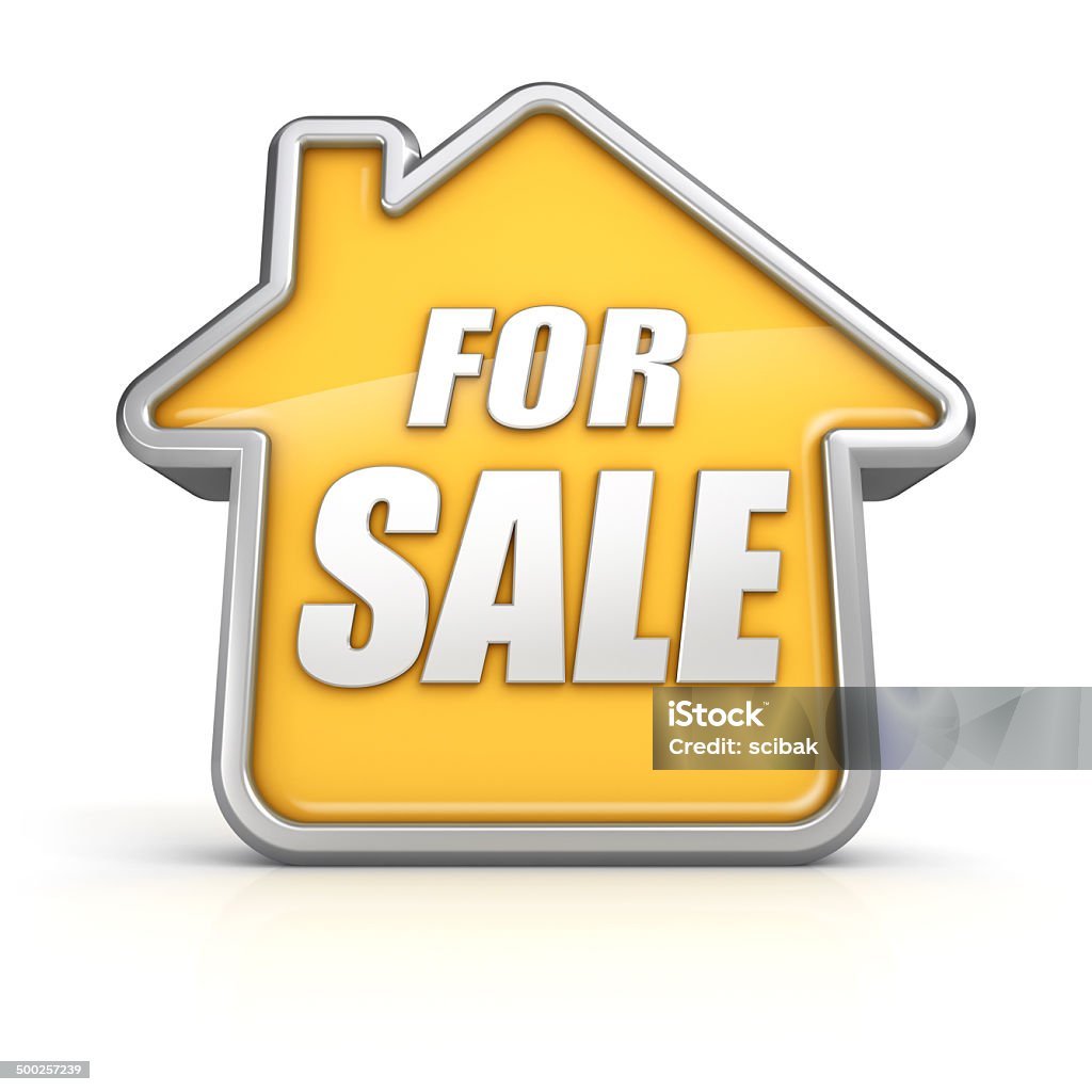 House for sale isolated on white with clipping path Orange house symbol with text "FOR SALE". House Stock Photo