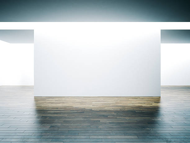 istock Big white wall in museum interior with wooden floor. 3d 500257310