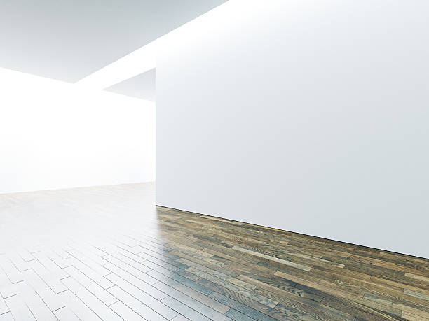 istock Blank panoramic wall in museum interior with wooden floor. 3d 500257476