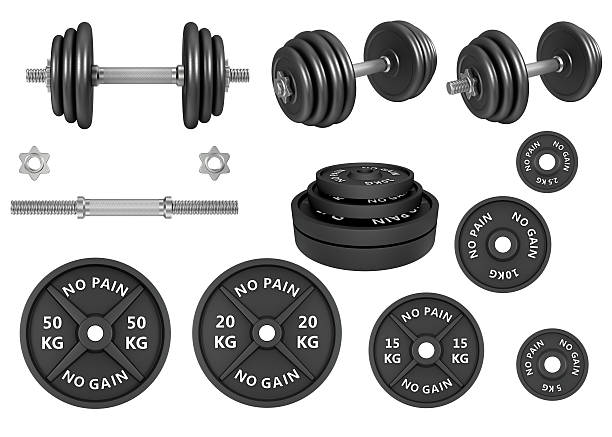 Studio shots of a barbells weights and dumbbells