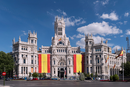 Madrid, Spain - June 21, 2014: City hall of Madrid decorated with the flags of Spain. In the past it was the post office and communications