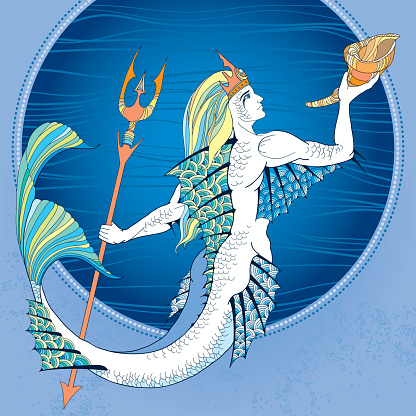 Mythological Neptune or Poseidon with trident and horn in hand in the round frame in blue. God of freshwater and the sea. The series of mythological creatures