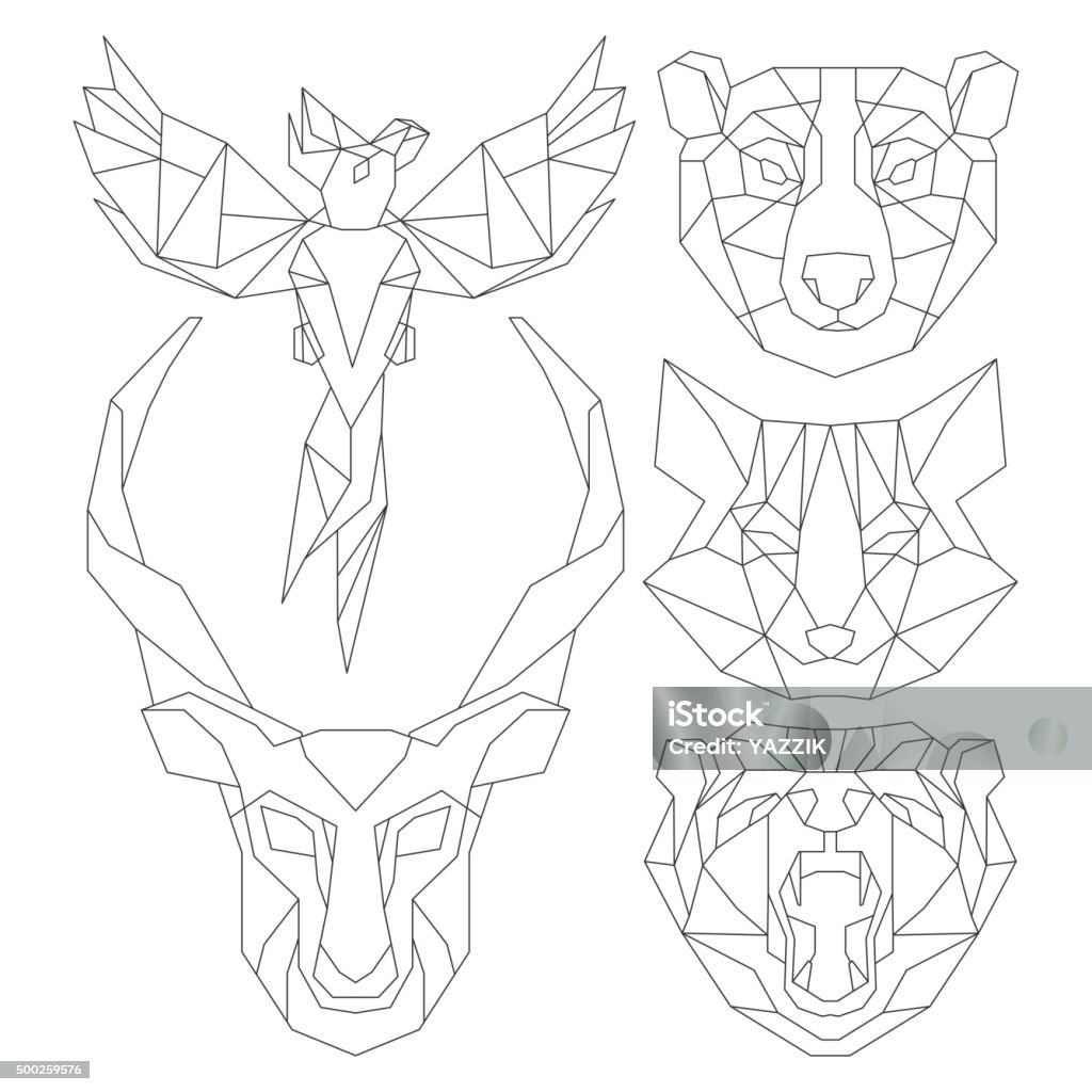 Front view of animal head triangular icon set Front view of animal head triangular icon , geometric trendy line design. Vector illustration ready for tattoo or coloring book.Antelope, fox, bear, parrot. Geometric Shape stock vector