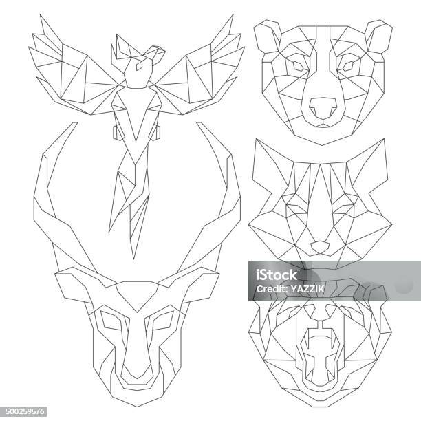 Front View Of Animal Head Triangular Icon Set Stock Illustration - Download Image Now - Geometric Shape, Bear, Parrot