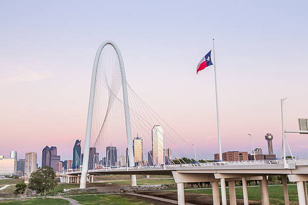 Dallas downtown skyline with Margaret hut hills bridge stock photo