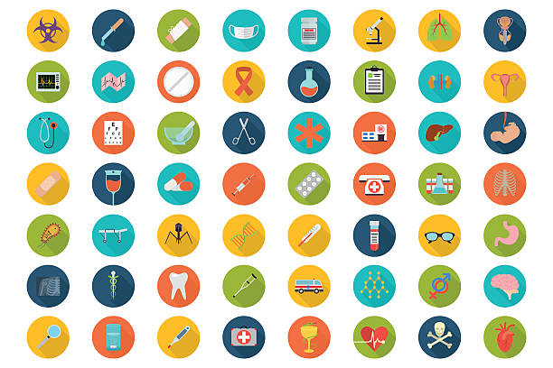 Set of flat Medical icons Big set of medical icons in the colored circles with long shadow cancer illness illustrations stock illustrations