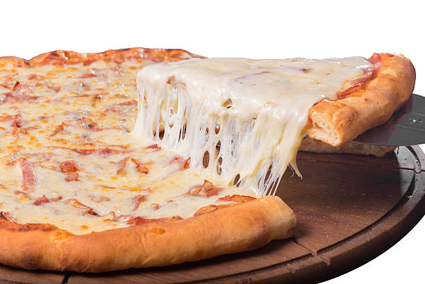 istock Delicious mozzarella pizza slice on white background 500261432