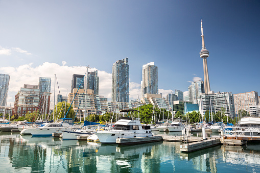 Toronto skyline and Ontario lake with ferry on the foreground, Canada