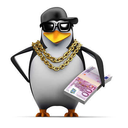 3d render of a penguin with a wad of Euro bank notes