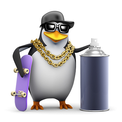 3d render of a penguin with a skateboard and spraycan