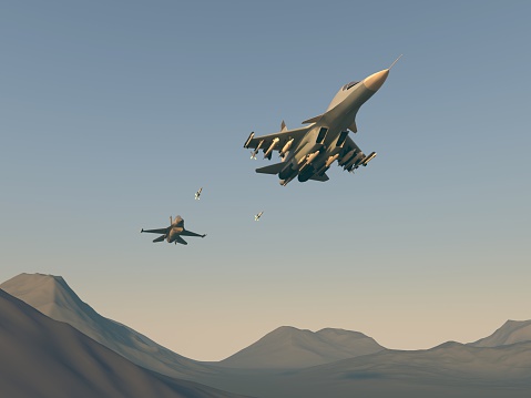 Attack of the Turkish aircraft in the Russian plane. Raster illustration. Computer graphics. 3d model. The re-enactment of the battle over the desert.
