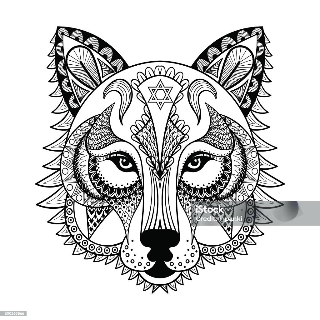 Vector ornamental Wolf, ethnic mascot, amulet, mask o Vector ornamental Wolf, ethnic mascot, amulet, mask of a werewolf,  patterned animal for adult anti stress coloring pages. Hand drawn totem illustration isolated on background. 2015 stock vector