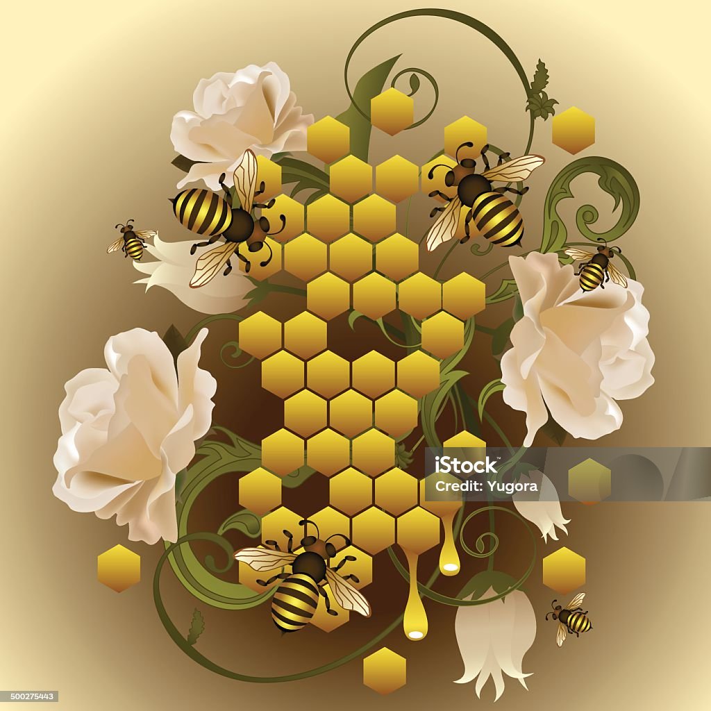 Honey background Honey background with bees, honeycomb and white roses. Files include: Illustrator CS5, Illustrator 10.0 eps, SVG 1.1, pdf 1.5, JPEG 2500*2500, organized by layers, easy to edit. Bee stock vector