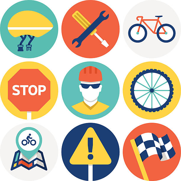 ilustraciones, imágenes clip art, dibujos animados e iconos de stock de iconos de ciclismo y símbolos - cycle racing