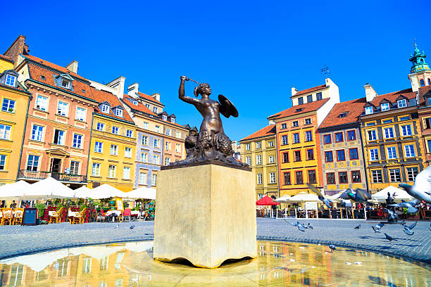 Mermaid statue in Warsaw Old Town Mermaid statue in Old Town Market Square, Warsaw (statue made in bronze by Konstanty Hegel in 1855) warsaw stock pictures, royalty-free photos & images