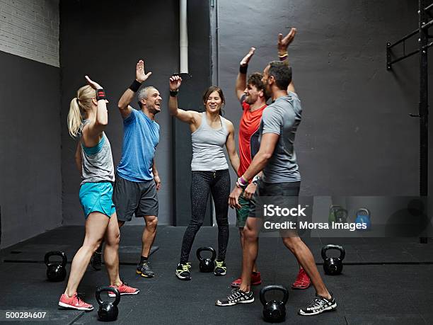 Group Of Gymters Celebrating Workout Stock Photo - Download Image Now - Exercising, Gym, Healthy Lifestyle