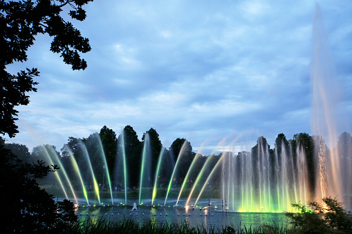 Illuminated fountain in park Planten un Blomen, Hamburg.